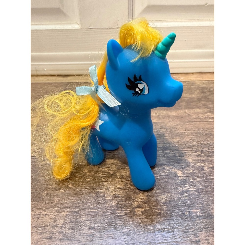 Blue Unicorn Pony Figure Yellow Hair Star Cutie Mark Blue Bow Toy 5.5 Inch